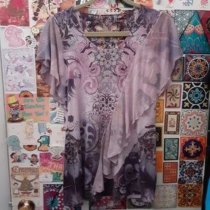 One World S Purple Floral Paisley Crochet Back Ruffle Mesh Flutter Tunic Top Y2K